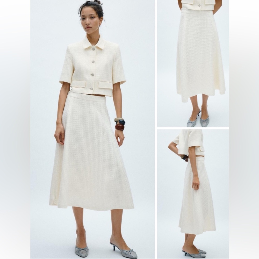 NEW ZARA TEXTURED TWEED LIKE  IVORY WHITE CREAM MIDI SKIRT
